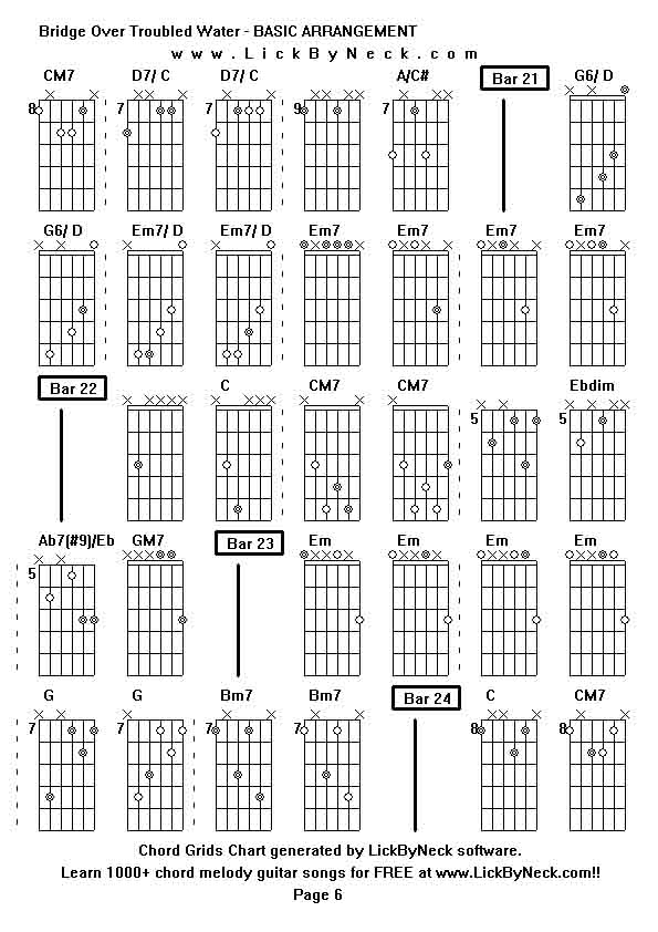 Chord Grids Chart of chord melody fingerstyle guitar song-Bridge Over Troubled Water - BASIC ARRANGEMENT,generated by LickByNeck software.